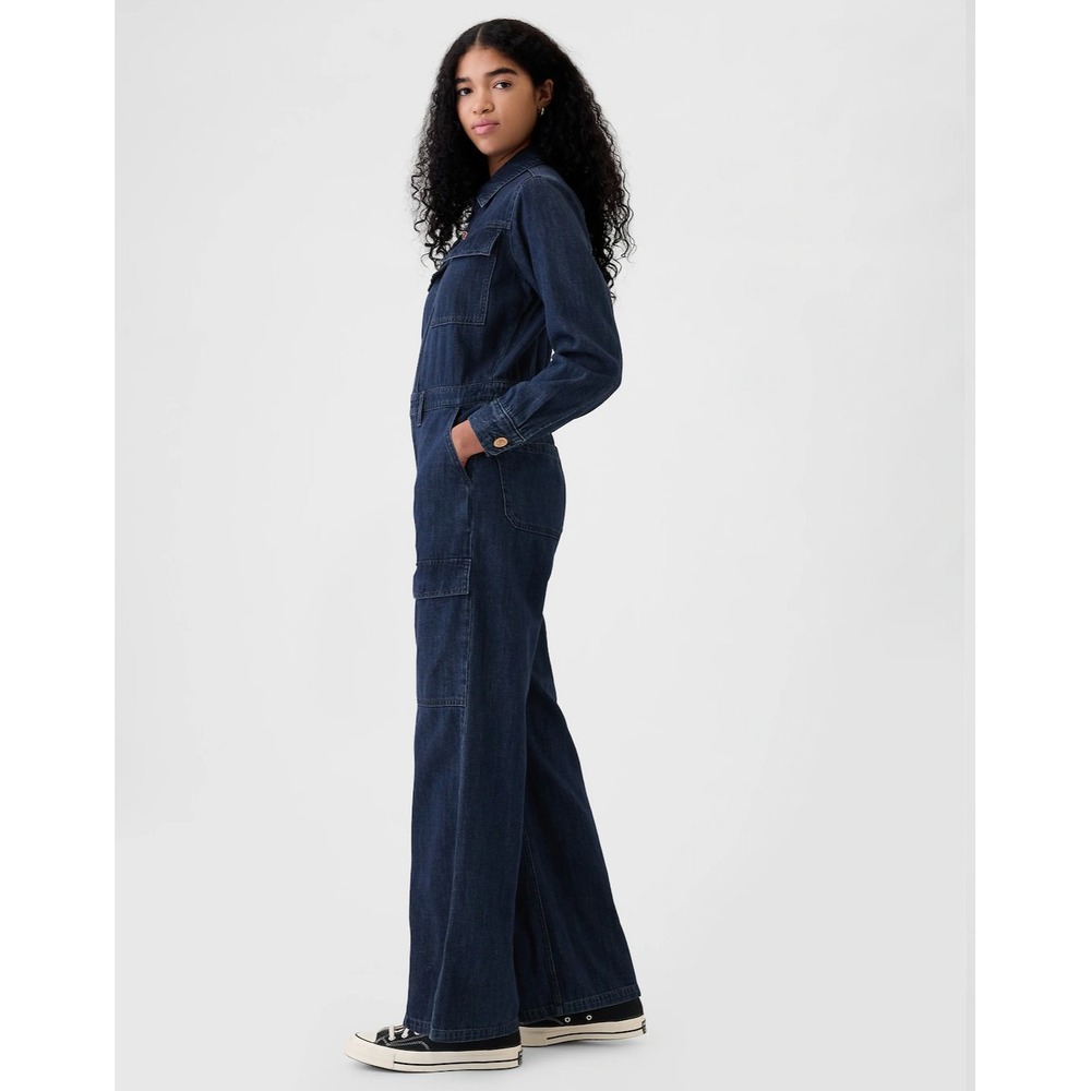 New Gap Jumpsuit Size 10 Denim Cargo Wide Leg Dark Blue Long Sleeve Full Zip NWT - Picture 3 of 16
